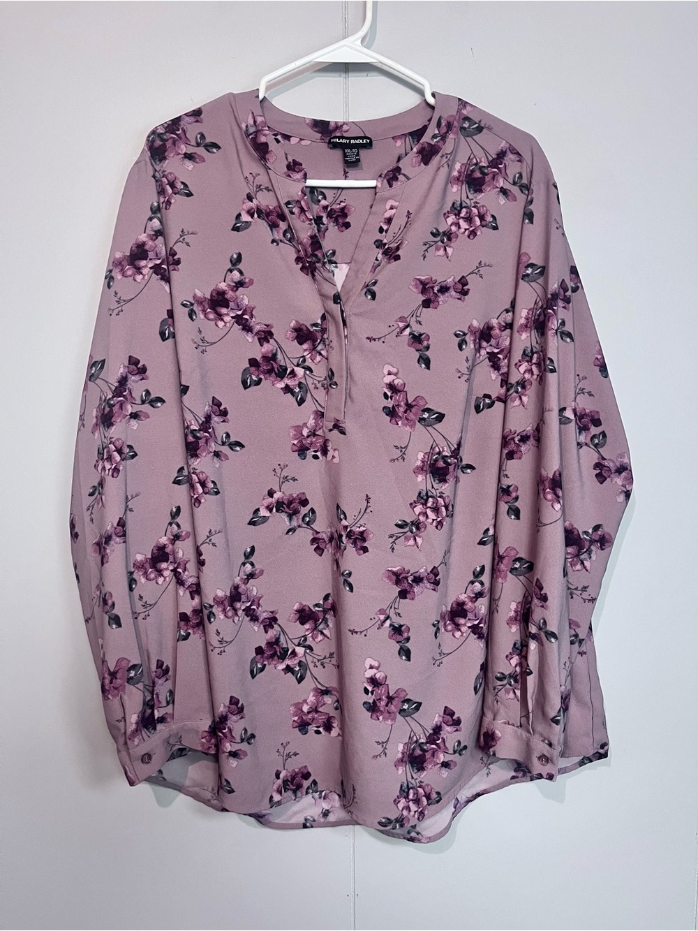 Hilary Radley Floral Blouse XXL Mauve Pink Button Front Long Sleeve